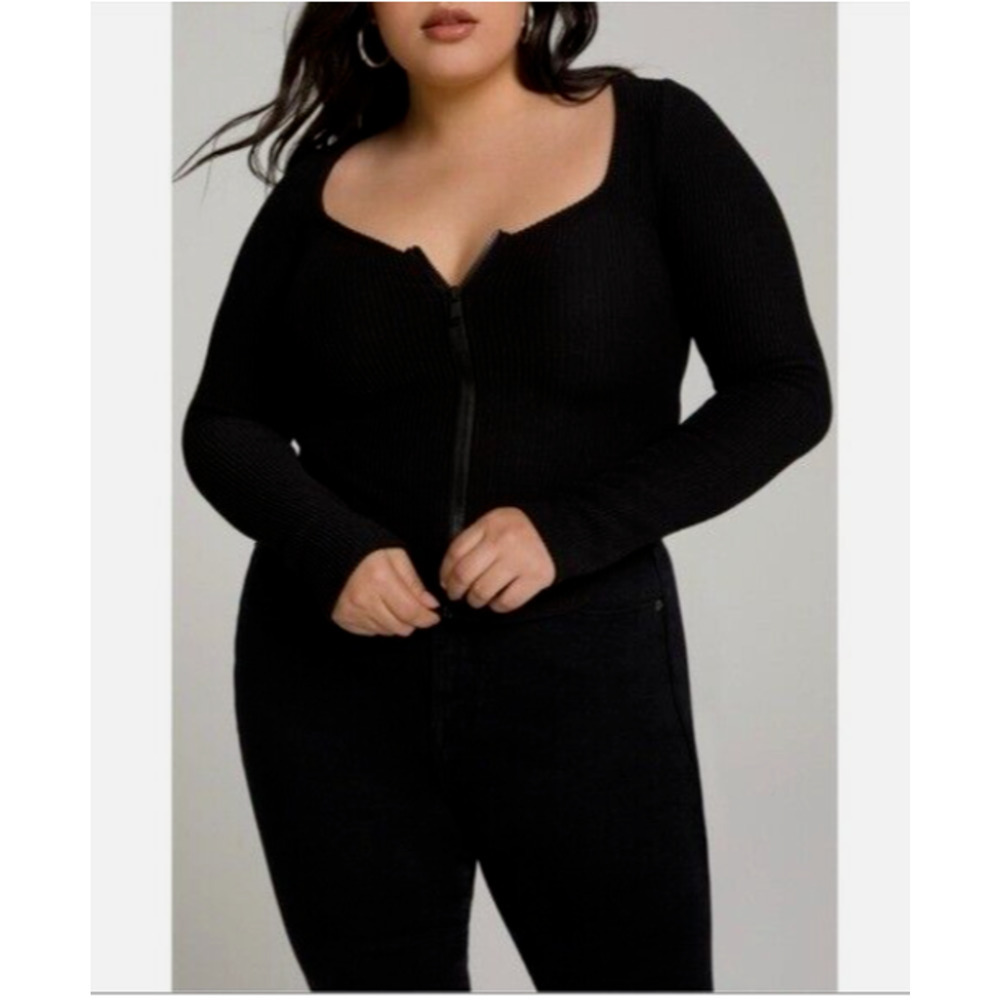 Good American Full Zip Ribbed Top Black Longsleeve Round Neck Size 7 Womens